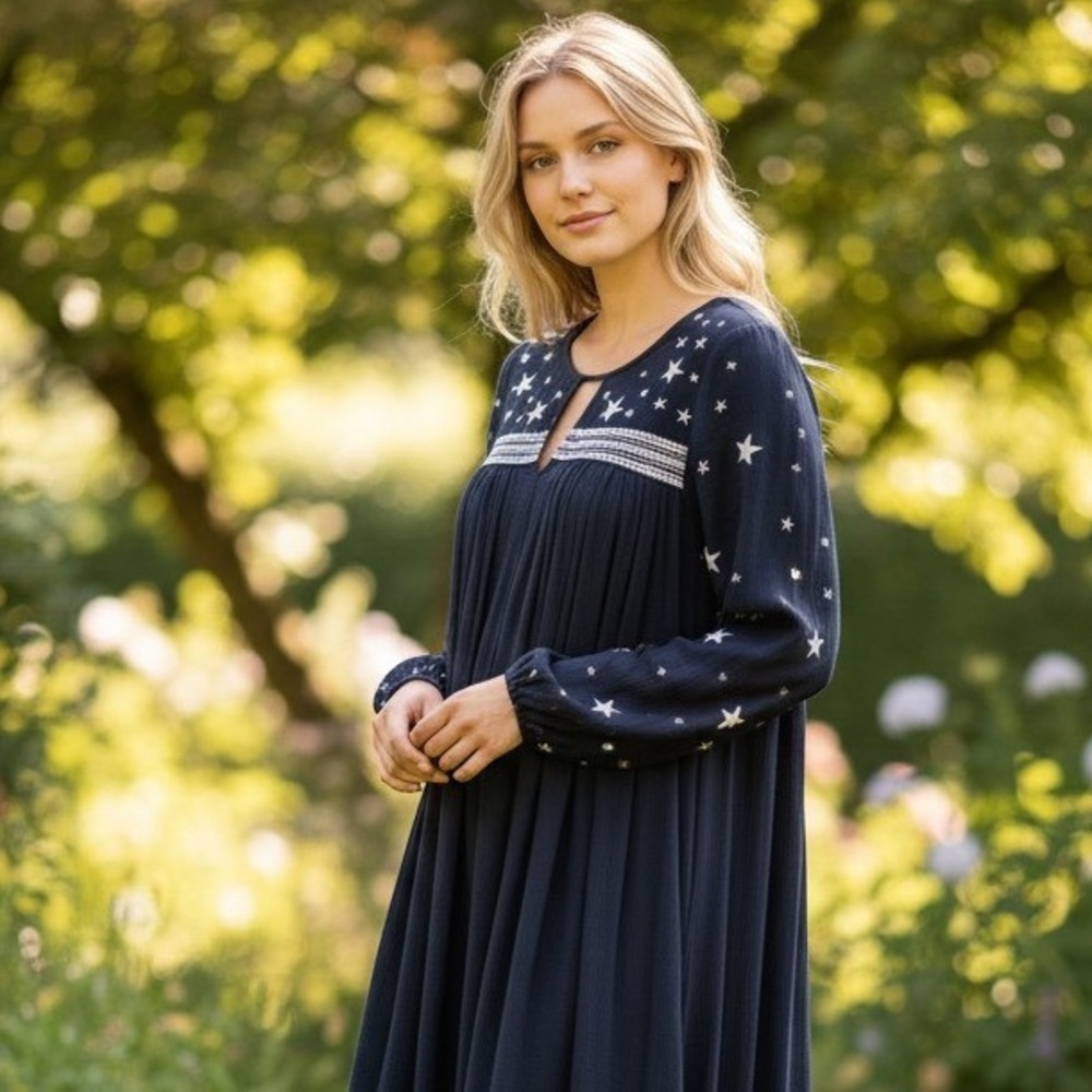 Entro Size S Dress Black Star Embroidered Puffy Sleeve Boho Celestial Whimsygoth